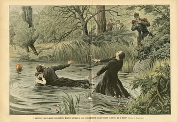 Illustrazione di Eugene Damblans (1865-1945) in Le Pèlerin, 30/07/05 - A Riaucourt (Haute-Marne) due preti muoiono vittime della loro devozione cercando di salvare un bambino annegato