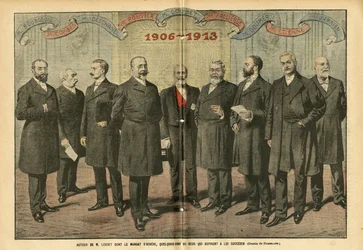 Illustrazione di Eugene Damblans (1865-1945) in Le Pelerin, 31/12/05 - Intorno a M. Loubet dona la fine del mandato, alcuni di coloro che aspirano a succedergli - Elezioni, Presidente della Repubblica - Combes Emile (1835-1921), Doumer Paul (1857-1932), Ro