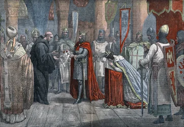 Luigi VII il Giovane (1120 - 1180), re di Francia, partendo per la terza crociata con Alienor d