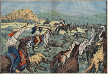 Contadini messicani sparano a cavalli selvaggi per evitare la crisi alimentare nel loro paese. Pianure di El Paso, Messico. Illustrazione di Damblans. In “Le Pelerin” del 6 ottobre