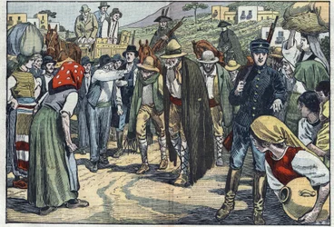 Rapinatori arrestati dalla polizia fascista italiana. Sicilia, Italia. Illustrazione di Damblans. In 
