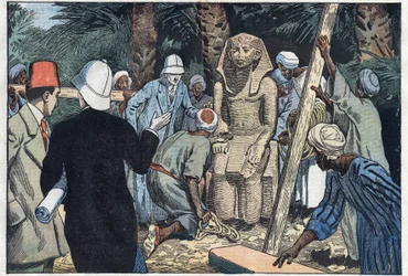 La missione archeologica francese scopre una statua di Sesostri III adolescente che sarà portata al Louvre. Medamoud, antica Tebe, Egitto. Illustrazione di Damblans. In 