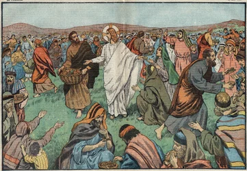 La moltiplicazione dei pani: sulle rive del Lago di Tiberiade, Gesù Cristo (Gesù Cristo) soddisfa la popolazione moltiplicando cinque pani d