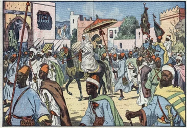 Il nuovo sultano del Marocco, Moulay Mohammed, fa il suo ingresso nella città di Rabat. Illustrazione di Damblans. In "Le Pelerin" del 4 dicembre