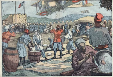 Guerra in Marocco: aerei francesi forniscono ghiaccio a un blocco assediato da dissidenti marocchini. Illustrazione di Damblans. In "Le Pelerin" del 24 maggio