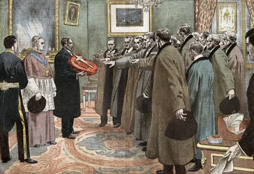 Delegati della repubblica di Andorra con il vescovo di Urgel che prestano giuramento di obbedienza alla Francia, illustrazione di Damblans dal giornale "Le Pelerin" 3 maggio