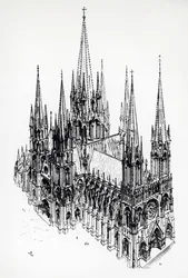 Vista isometrica della cattedrale ideale, disegno di Eugène Emmanuel Viollet-le-Duc dal Dizionario di Architettura Francese dall