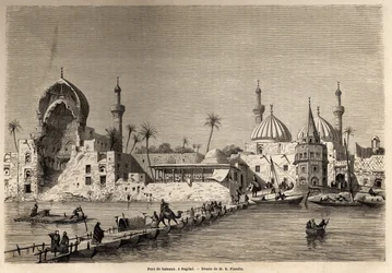 Un ponte di barche, a Baghdad, disegno di Eugene Flandin (1809-1876), per illustrare il suo viaggio in Mesopotamia nel 1840-1842. Incisione in "Le tour du monde" 1861. Collezione Selva