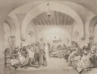 Café du Divan, Algeri, da un volume commemorativo della Forza di Spedizione Francese che catturò Algeri nel 1830, inciso da Adolphe Jean-Baptiste Bayot (1810-66)