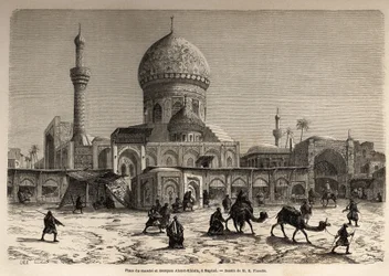 La Piazza del Mercato e la Moschea di Ahmet Khiaia a Baghdad, disegno di Eugene Flandin (1809-1876), per illustrare il suo viaggio in Mesopotamia nel 1840-1842. Incisione in "Le tour du monde" 1861. Collezione Selva.