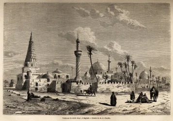 La tomba di Sheikh Omar, a Baghdad, disegno di Eugene Flandin, per illustrare il suo viaggio in Mesopotamia nel 1840-1842. Incisione in "Le tour du monde" 1861. Collezione Selva