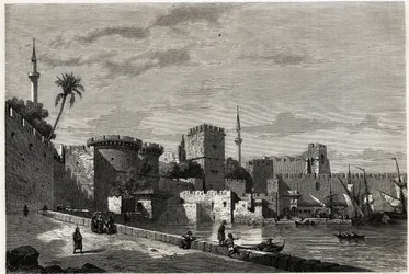 La vista del porto di Rodi e la porta di Aubusson, disegno di Eugene Flandin, per illustrare il suo viaggio nell