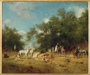 Cavalieri arabi si fermano in un bosco (dipinto su tela)
