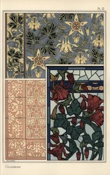Colombina, Aquilegia vulgaris, fiore in motivi per carta da parati, vetro colorato e piastrelle
