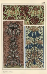 Fiore imperiale della corona, Fritillaria imperialis, in carta da parati e tessuti, e come design per un oggetto d