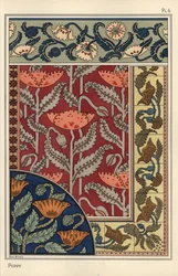 Il papavero, Papaver somniferum, in vetro colorato, carta da parati, tessuti e motivi per piastrelle. Litografia di Marc Mangin