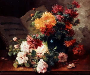 Crisantemi e rose. Dipinto di Eugene Henri Cauchois (1850-1911) Collezione privata.