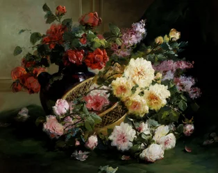 Fiori romantici. Dipinto di Eugene Henri Cauchois (1850-1911) Collezione privata.