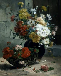 Natura morta di fiori estivi (gerani e margherite). Dipinto di Eugene Henri Cauchois (1850-1911) Collezione privata.