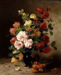 Natura morta di rose e chiodi di garofano. Dipinto di Eugene Henri Cauchois (1850-1911) Collezione privata.