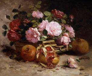 Natura morta di rose e melograni. Dipinto di Eugene Henri Cauchois (1850-1911) Collezione privata.