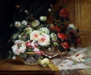 Vaso di rose. Dipinto di Eugene Henri Cauchois (1850-1911 francese) Collezione privata