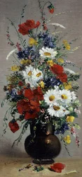 Natura morta di fiordalisi, margherite e papaveri. Pittura di Eugene Henri Cauchois (1850-1911 Francia) Collezione privata
