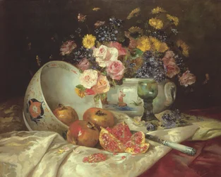 Natura morta di fiori in un vaso cinese con melograni