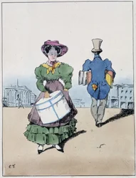Una donna e un uomo che portano pacchi, attraversano rue Vivienne - in "Souvenirs d