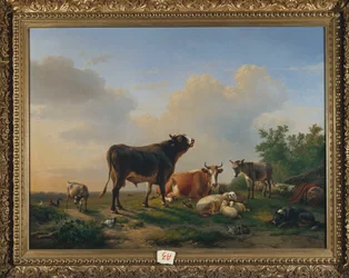 Un toro, una mucca, un asino, una capra, pecore e pollame in un vasto paesaggio, 1849