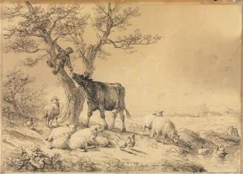 Paesaggio con animali e ragazzo sull