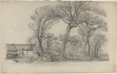 Paesaggio con alberi, cottage e carro agricolo