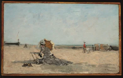 Donna con ombrello sulla spiaggia, 1880-85 circa (olio su tavola)
