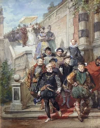 Una processione reale che scende una scalinata in un giardino, 1869