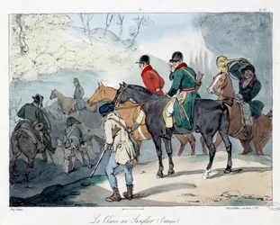 Caccia al cinghiale. Illustrazione del libro La vie de chateau. Incisione di Eugene Louis Lami (1800-1890)
