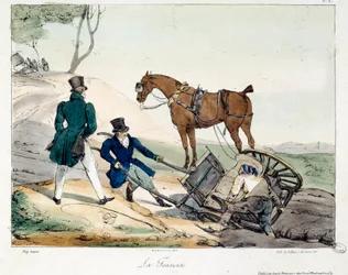 Incidente del carro causato dalla ferrovia. Illustrazione del libro "La vie de château". Incisione di Eugene Louis Lami