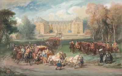 Luigi XIV guida la sua carrozza nel Parco di Versailles, 1870