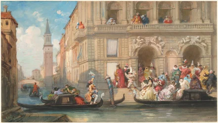 Mascherati che salgono su gondole davanti a un palazzo veneziano