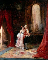 Fiducia. Una giovane donna elegante al braccio di un valletto avanza con uno sguardo che è un misto di curiosità e preoccupazione. Dipinto di Eugenio Lucas Villamil (1858-1918). Olio su tela. Collezione privata.