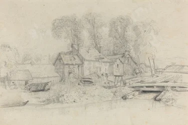 Paesaggio fluviale con edifici, barche e figure