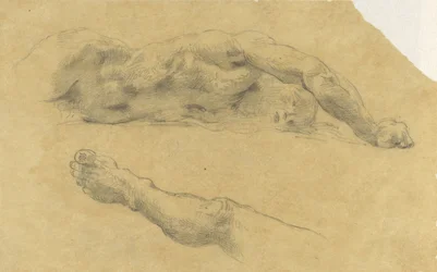 Uomo nudo sdraiato; la sua gamba separata
