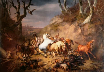 Lupi affamati che attaccano un gruppo di cavalieri