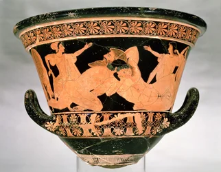 Cratera a calice attica a figure rosse raffigurante Eracle in lotta con Anteo, da Cerveteri, Italia, circa 510 a.C.