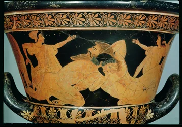 Cratere a calice a figure rosse attiche raffigurante Eracle che lotta con Anteo, da Cerveteri, c.510 a.C.