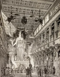 Impressione artistica della statua della dea Atena nel Partenone, Atene, durante il periodo classico, da 