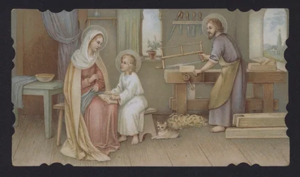 Gesù Cristo da bambino con sua madre, Maria, nella bottega di falegnameria di Giuseppe