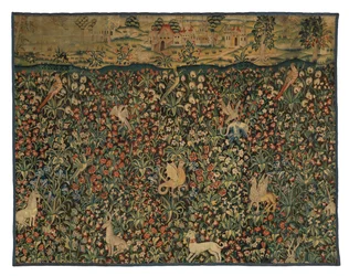 Frammento di arazzo Mille Fleurs raffigurante animali, uccelli e paesaggio, c.1500