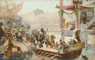 Finta battaglia navale in un anfiteatro romano (litografia a colori)