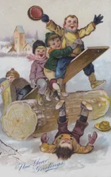 Biglietto di auguri per il nuovo anno raffigurante bambini che giocano nella neve (cromolitografia)