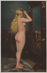 Ritratto di donna nuda con lunghi capelli biondi (litografia a colori)